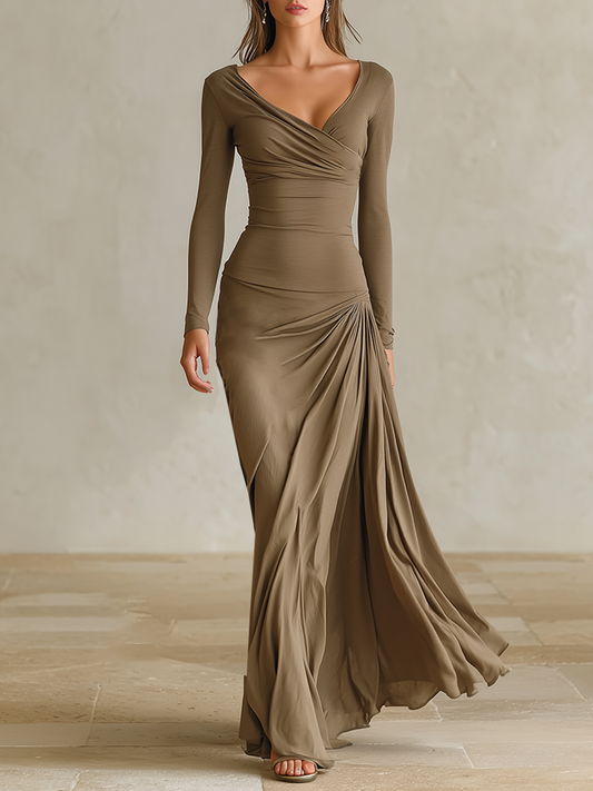 Women's Formal V‑Neck Draped Slim Fit Maxi Dress