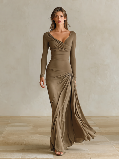 Women's Formal V‑Neck Draped Slim Fit Maxi Dress