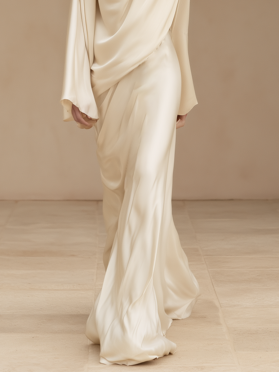 Women's Formal Cowl Neck Flare Sleeve Satin Gown