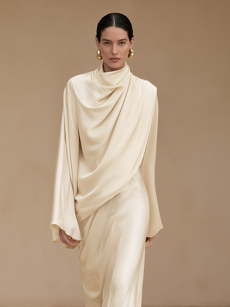 Women's Formal Cowl Neck Flare Sleeve Satin Gown