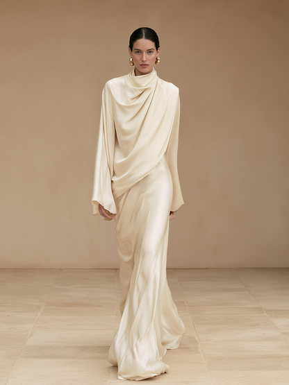 Women's Formal Cowl Neck Flare Sleeve Satin Gown