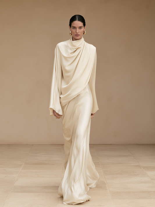 Women's Formal Cowl Neck Flare Sleeve Satin Gown