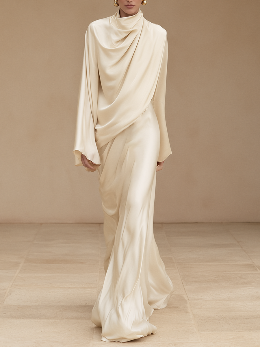 Women's Formal Cowl Neck Flare Sleeve Satin Gown