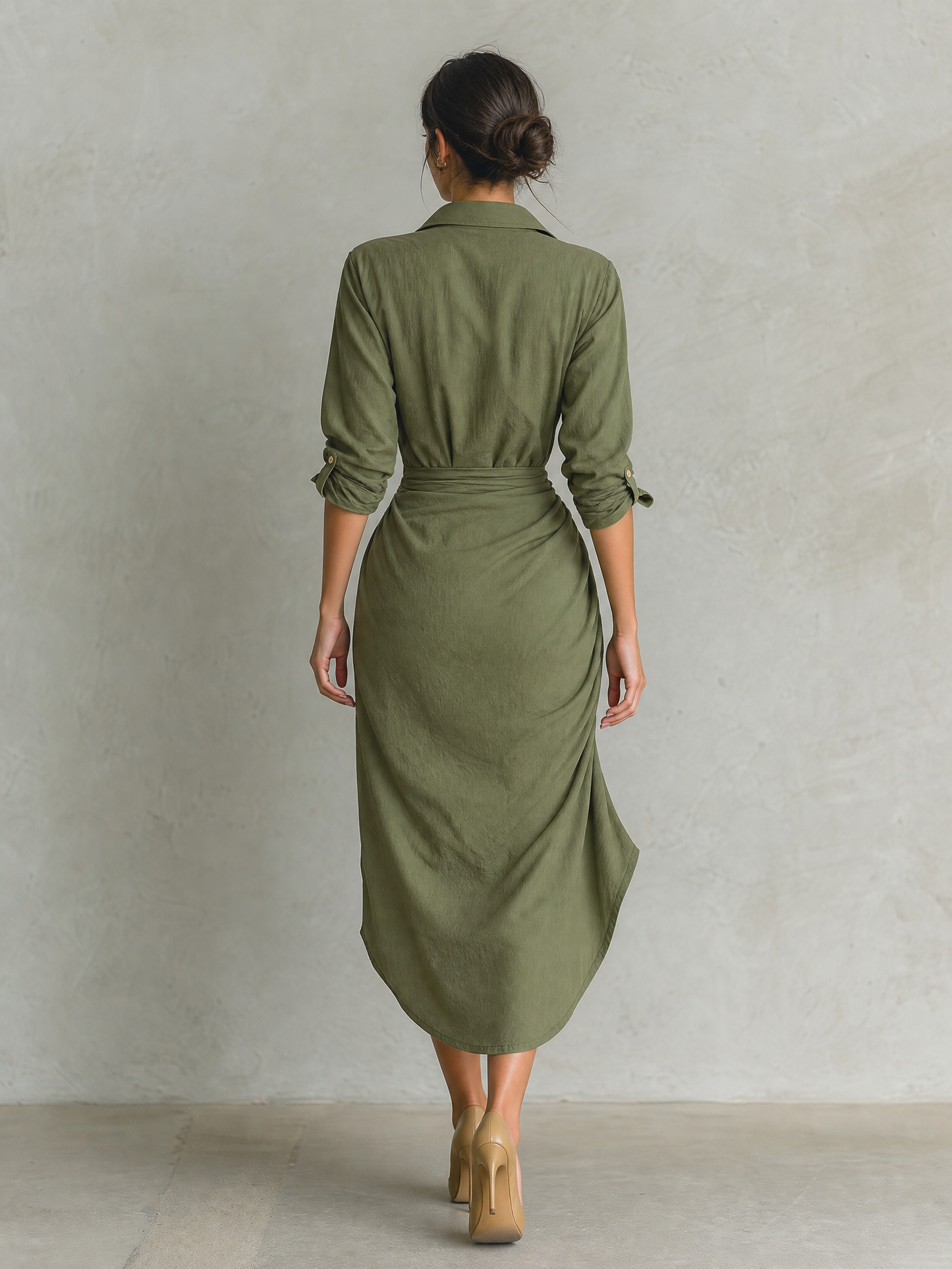 Women's Deep V-Neck Long Sleeve Ruched Wrap High-Low Shirt Dress