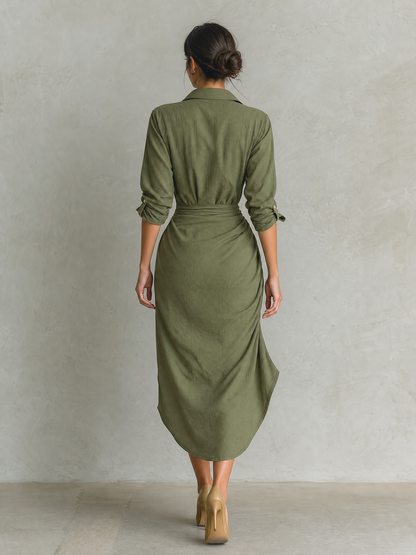 Women's Deep V-Neck Long Sleeve Ruched Wrap High-Low Shirt Dress