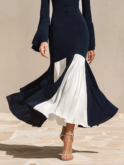 Women's Formal Slim Fit Stand Collar Flared Hem Dress