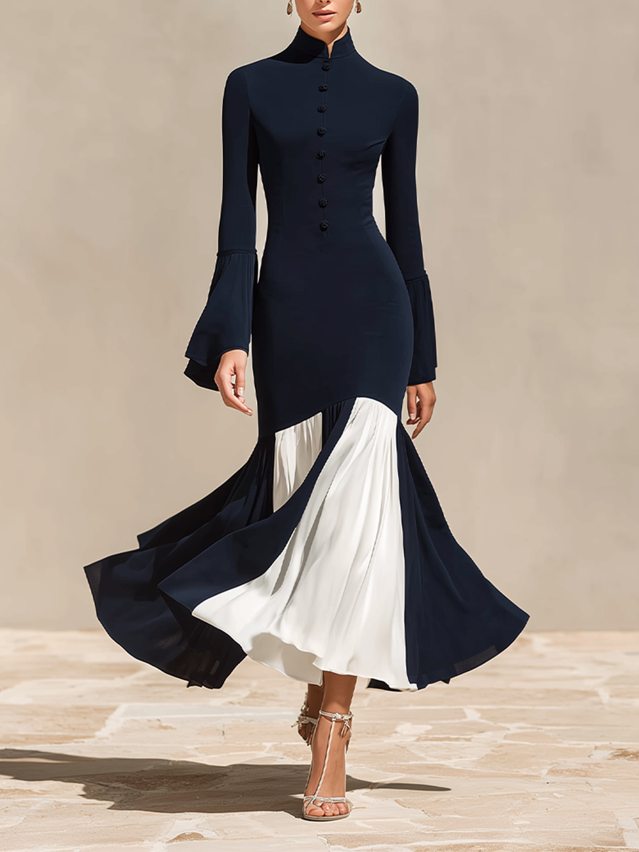 Women's Formal Slim Fit Stand Collar Flared Hem Dress