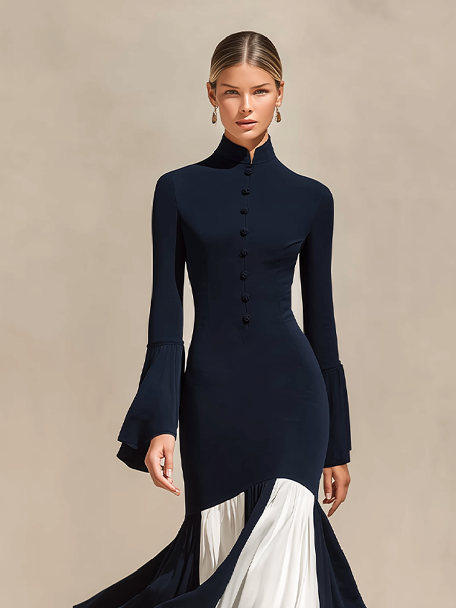 Women's Formal Slim Fit Stand Collar Flared Hem Dress