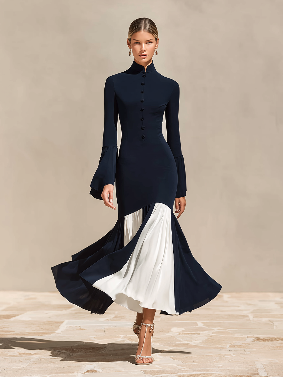 Women's Formal Slim Fit Stand Collar Flared Hem Dress