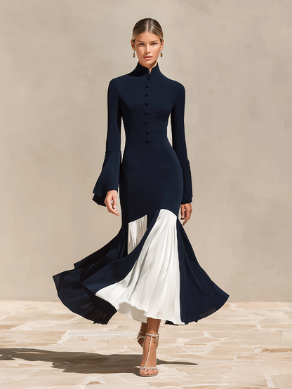 Women's Formal Slim Fit Stand Collar Flared Hem Dress