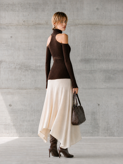 Women's Cutout Turtleneck Colorblock Brown Maxi Skirt Set