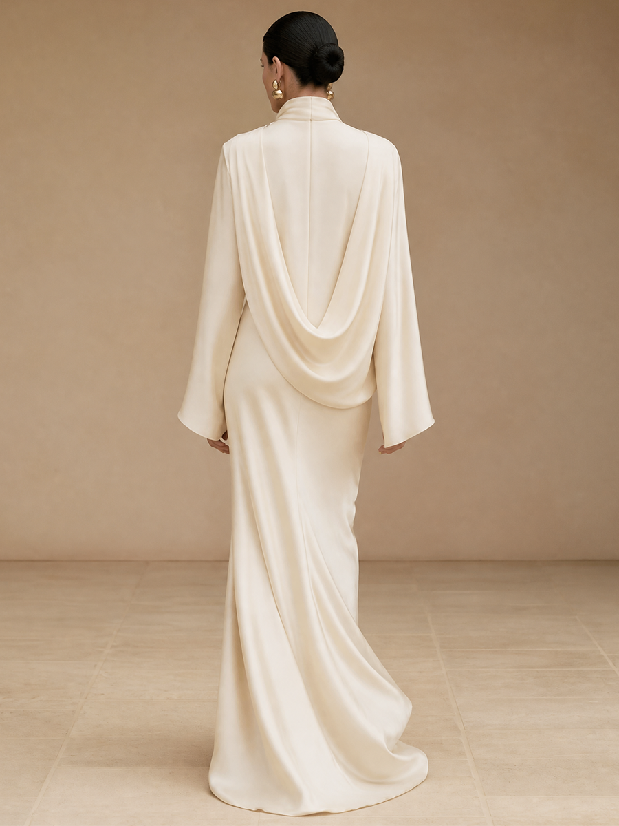 Women's Formal Cowl Neck Flare Sleeve Satin Gown