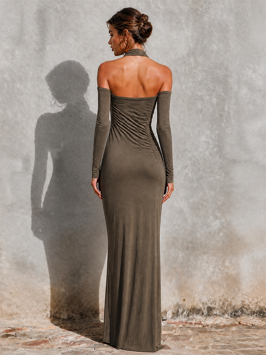 Women's Evening Cutout Twist Halter Long Sleeve Gown