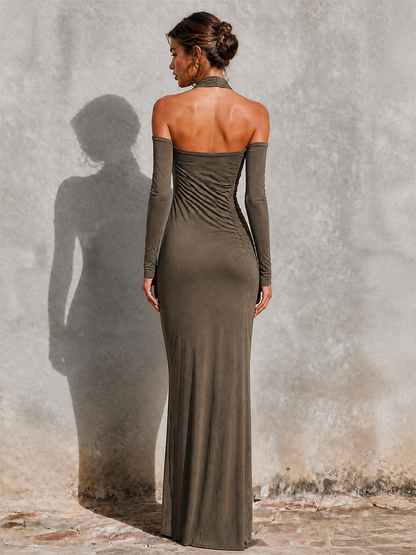 Women's Evening Cutout Twist Halter Long Sleeve Gown