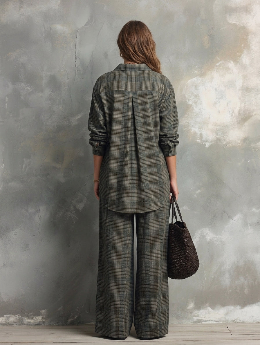 Women's Casual Dark Green Plaid Print Long Sleeve Shirt & Trousers 2-Piece Set