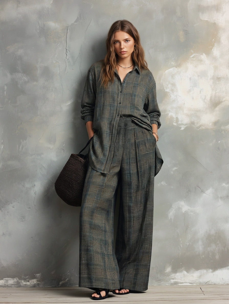 Women's Casual Dark Green Plaid Print Long Sleeve Shirt & Trousers 2-Piece Set