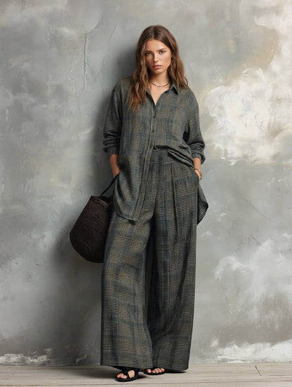 Women's Casual Dark Green Plaid Print Long Sleeve Shirt & Trousers 2-Piece Set