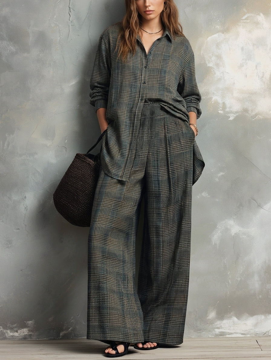 Women's Casual Dark Green Plaid Print Long Sleeve Shirt & Trousers 2-Piece Set