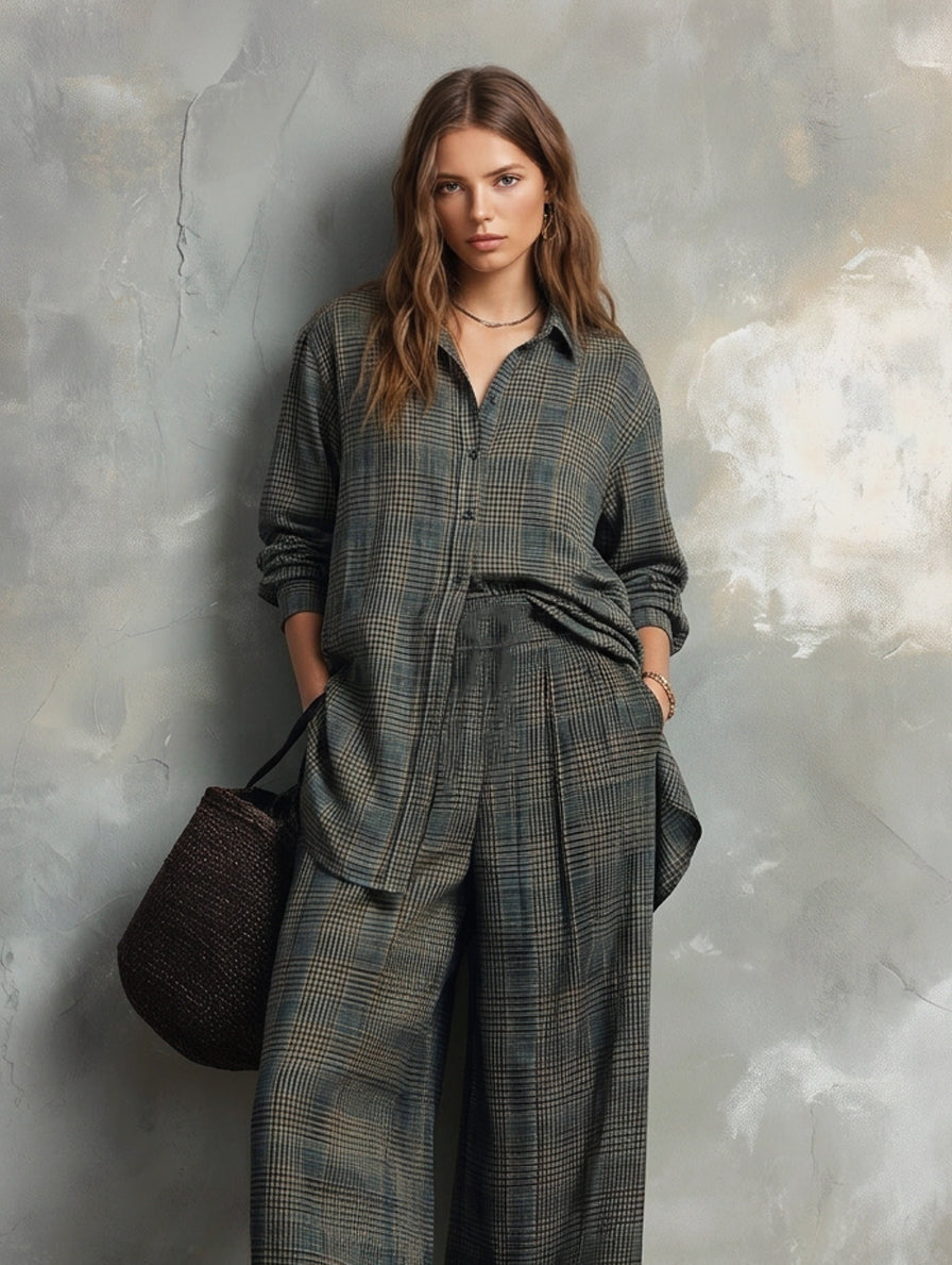 Women's Casual Dark Green Plaid Print Long Sleeve Shirt & Trousers 2-Piece Set