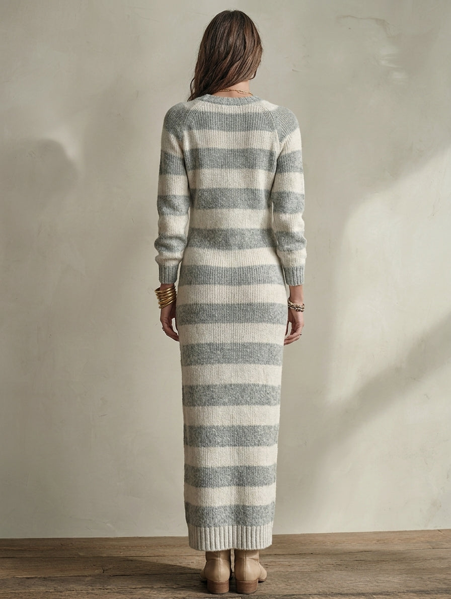 Women's Casual Grey And White Striped Long-Sleeve Knit Maxi Dress