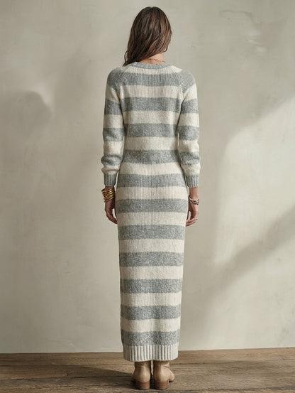 Women's Casual Grey And White Striped Long-Sleeve Knit Maxi Dress