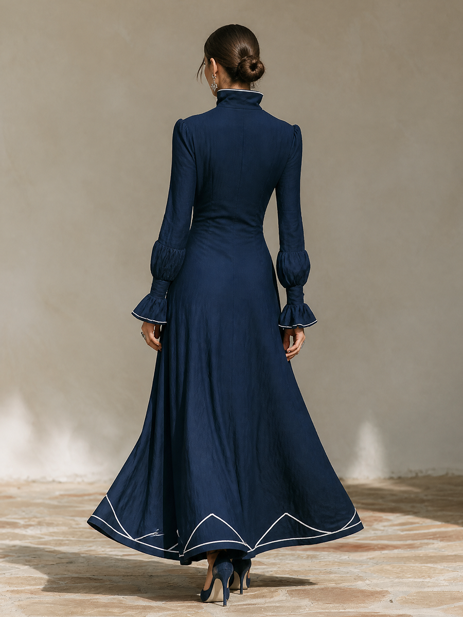Women's Vacation Contrast Trim Flare Sleeve Maxi Dress