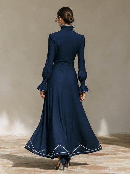Women's Vacation Contrast Trim Flare Sleeve Maxi Dress