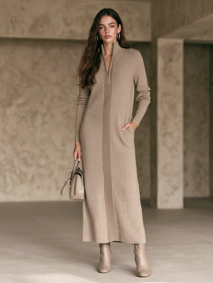 Women's Casual Khaki Knit Long-Sleeve Maxi Dress With Half-Zip Collar