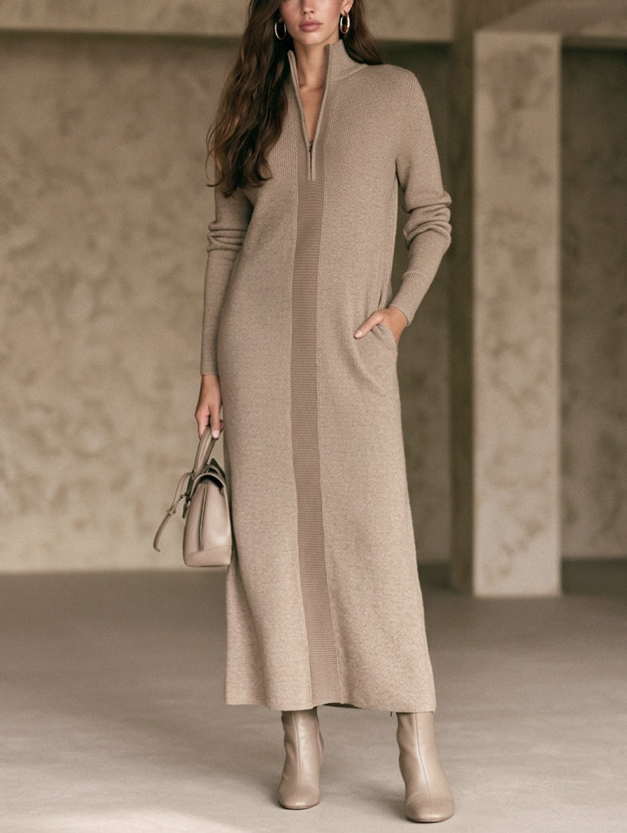 Women's Casual Khaki Knit Long-Sleeve Maxi Dress With Half-Zip Collar