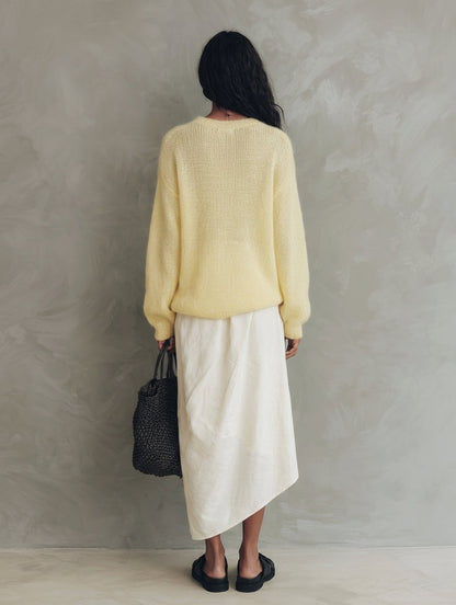 Women's Casual Yellow Long-sleeved Knit Sweater And White Woven Skirt 2-Piece Set