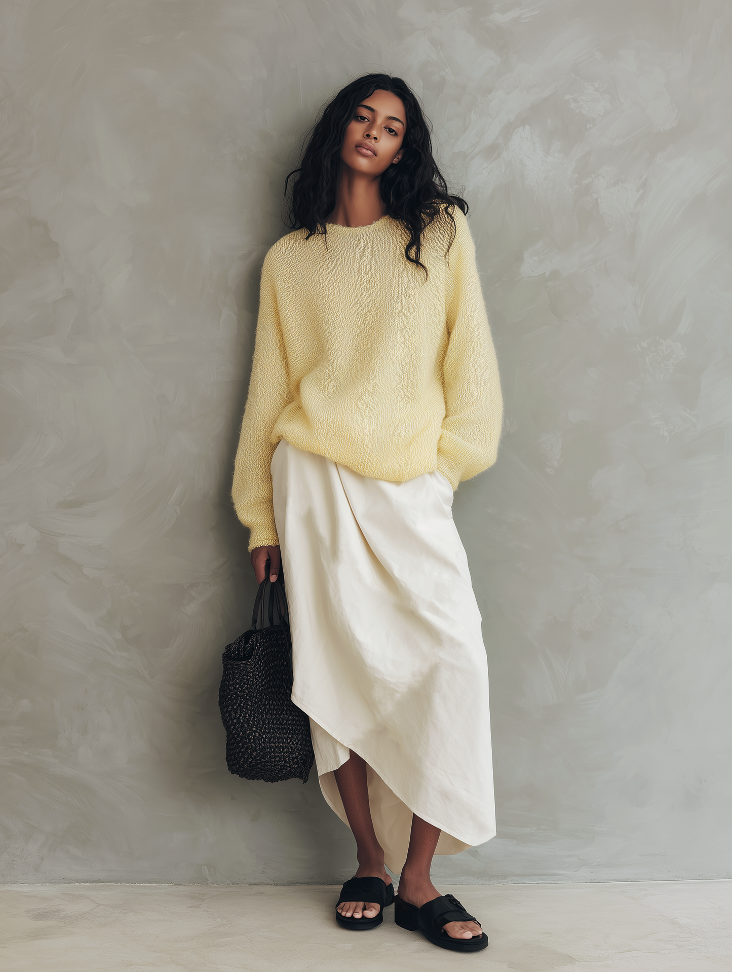 Women's Casual Yellow Long-sleeved Knit Sweater And White Woven Skirt 2-Piece Set