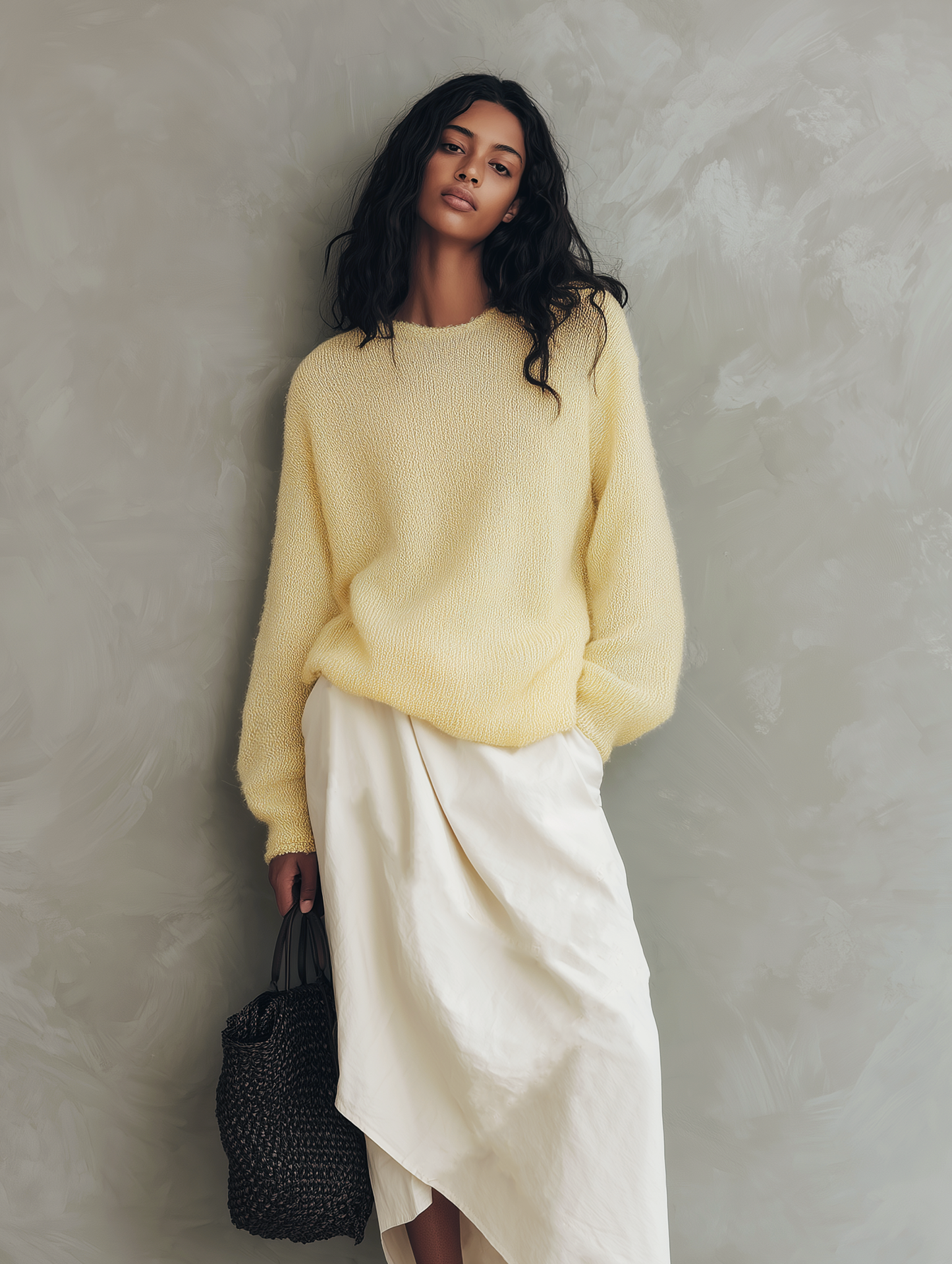 Women's Casual Yellow Long-sleeved Knit Sweater And White Woven Skirt 2-Piece Set