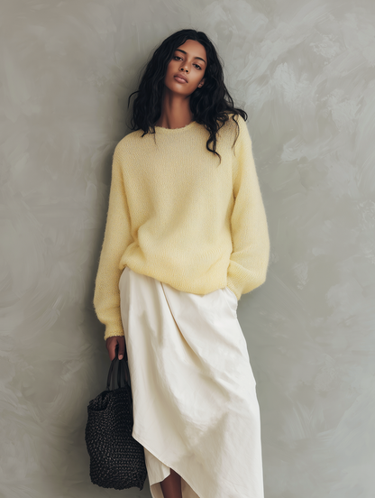 Women's Casual Yellow Long-sleeved Knit Sweater And White Woven Skirt 2-Piece Set