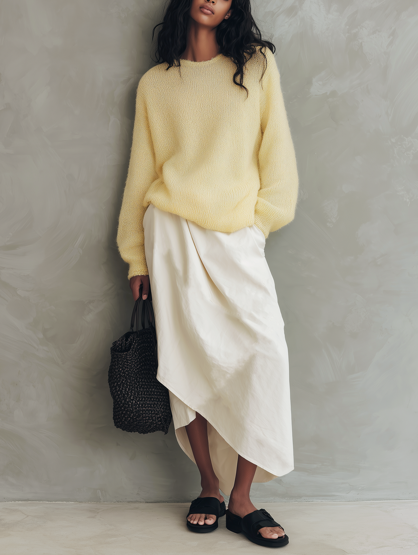 Women's Casual Yellow Long-sleeved Knit Sweater And White Woven Skirt 2-Piece Set