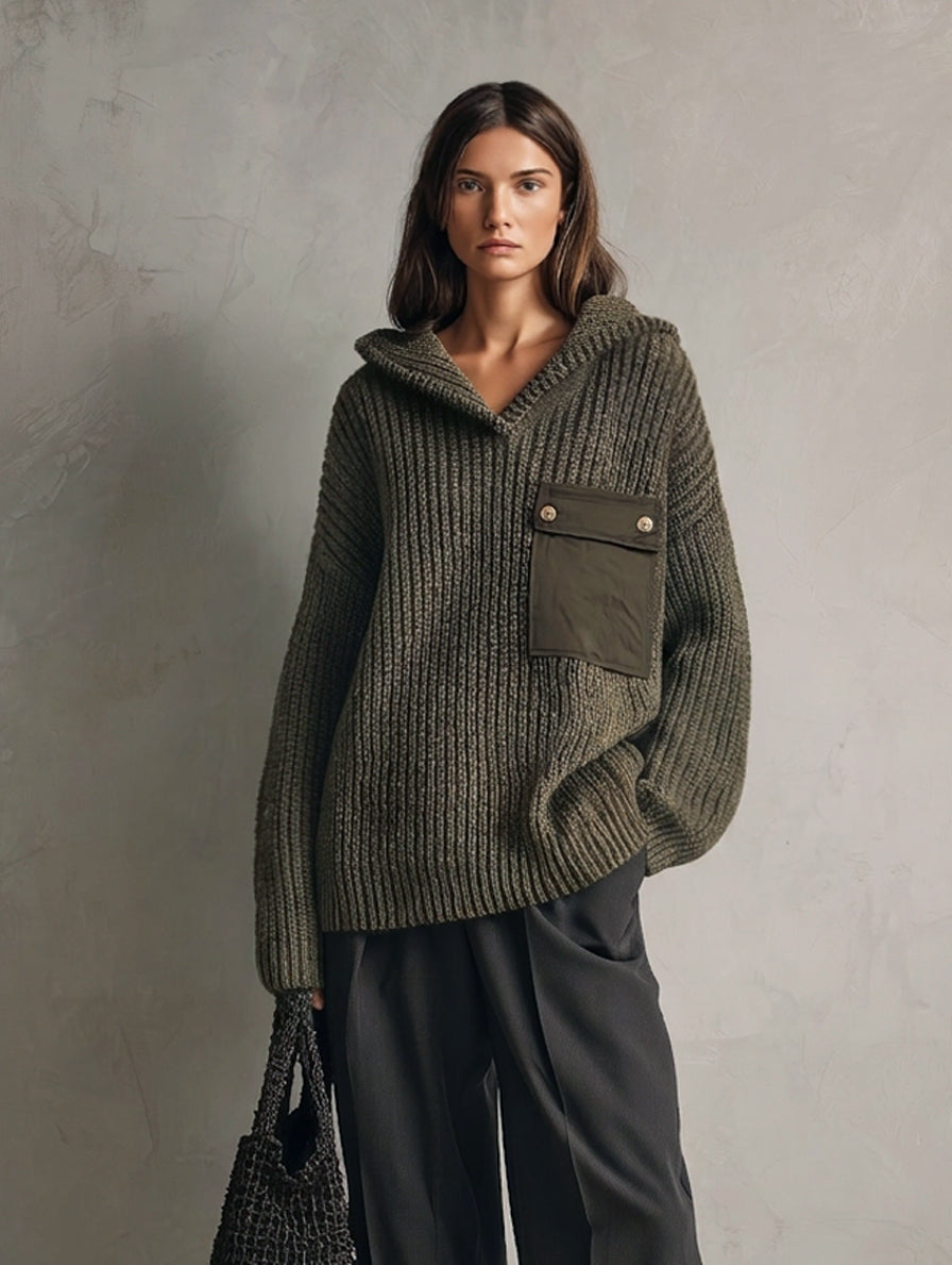 Women's Casual Dark Green Knit Sweatshirt And Dark Gray Woven Trousers 2-Piece Set