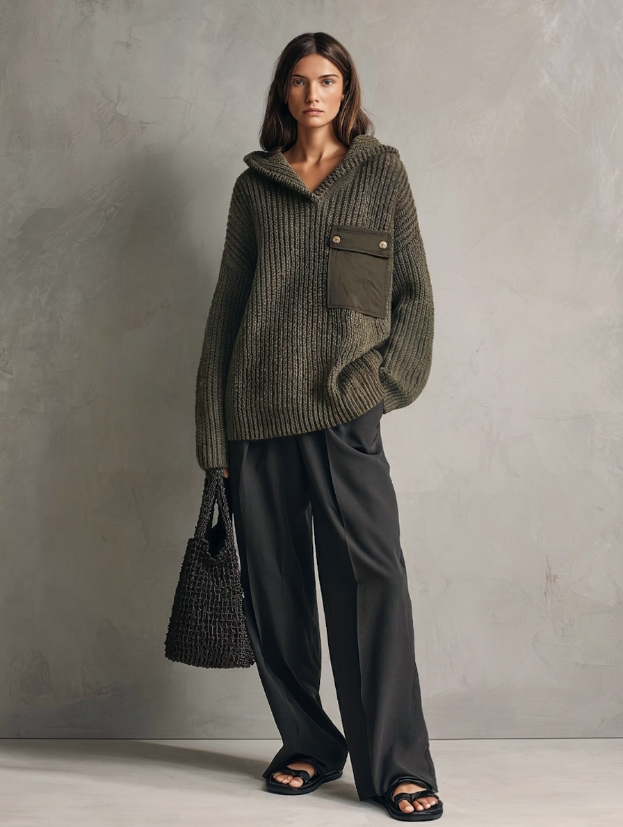 Women's Casual Dark Green Knit Sweatshirt And Dark Gray Woven Trousers 2-Piece Set