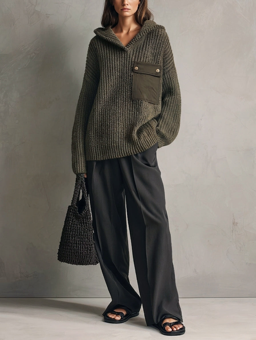 Women's Casual Dark Green Knit Sweatshirt And Dark Gray Woven Trousers 2-Piece Set