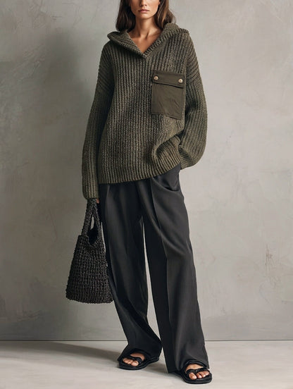 Women's Casual Dark Green Knit Sweatshirt And Dark Gray Woven Trousers 2-Piece Set