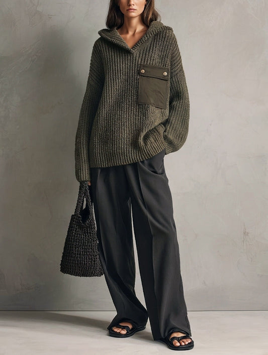 Women's Casual Dark Green Knit Sweatshirt And Dark Gray Woven Trousers 2-Piece Set