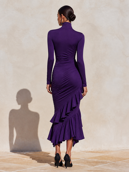 Women's Evening Ruched Ruffle Turtleneck Midi Dress