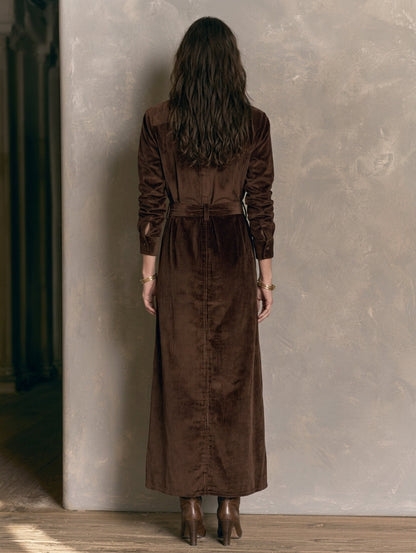Women's Casual Dark Brown Corduroy Long Sleeve Belted Maxi Shirt Dress