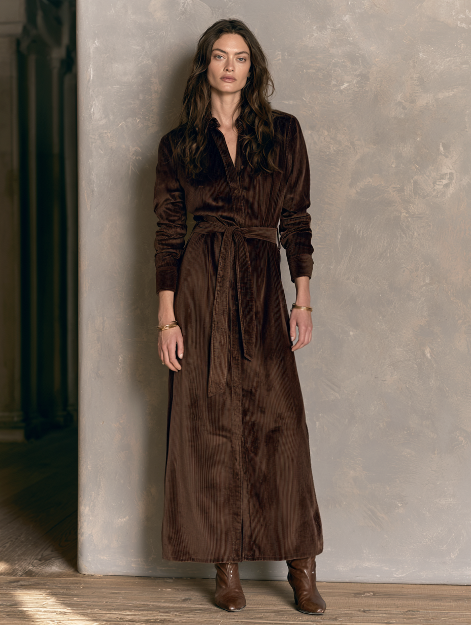 Women's Casual Dark Brown Corduroy Long Sleeve Belted Maxi Shirt Dress