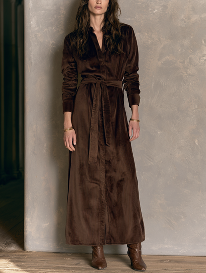Women's Casual Dark Brown Corduroy Long Sleeve Belted Maxi Shirt Dress