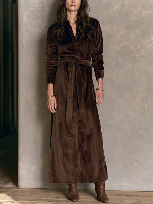 Women's Casual Dark Brown Corduroy Long Sleeve Belted Maxi Shirt Dress