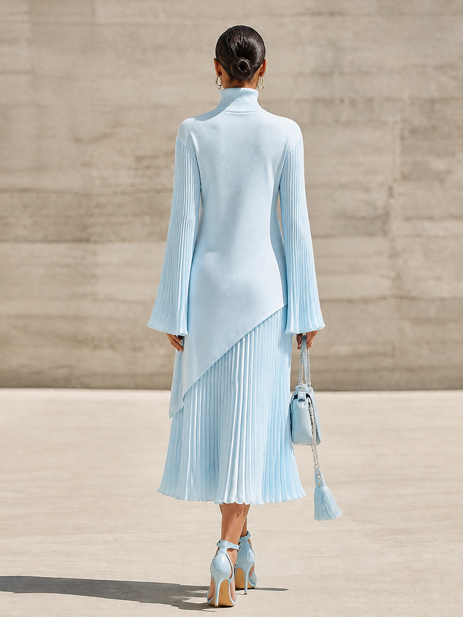 Women's Elegant Flare Sleeve Knit Pleated Midi Dress