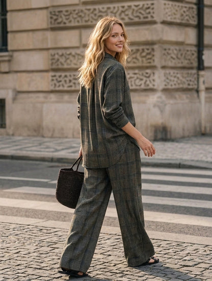 Women's Casual Dark Green Plaid Print Long Sleeve Shirt & Trousers 2-Piece Set