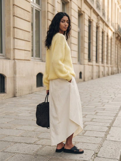 Women's Casual Yellow Long-sleeved Knit Sweater And White Woven Skirt 2-Piece Set