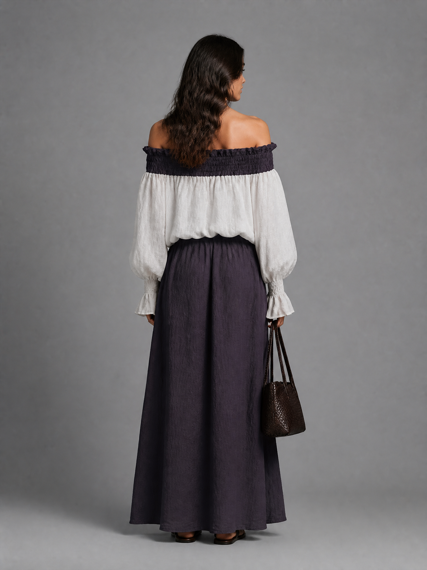 Women's Color-Blocked Cotton Linen Off-Shoulder Maxi Dress Set