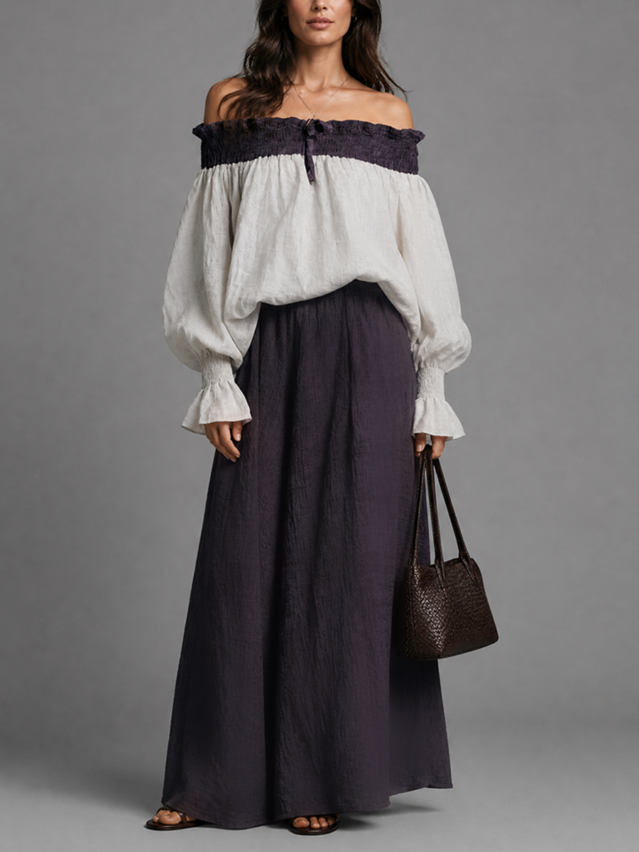 Women's Color-Blocked Cotton Linen Off-Shoulder Maxi Dress Set