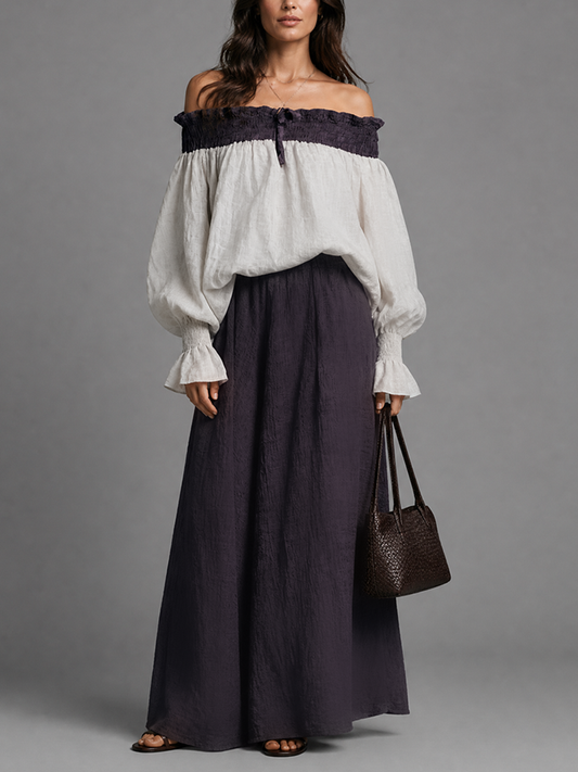 Women's Color-Blocked Cotton Linen Off-Shoulder Maxi Dress Set